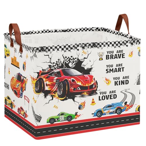 Image of Race Car Room Decor Basket,Waterproof Car Themed Storage Bins for Boys,Collapsible Kids Laundry Hamper with Parking Sign,Rectangular Tire Toy Box for Bedroom Bathroom, Boo Basket for Halloween