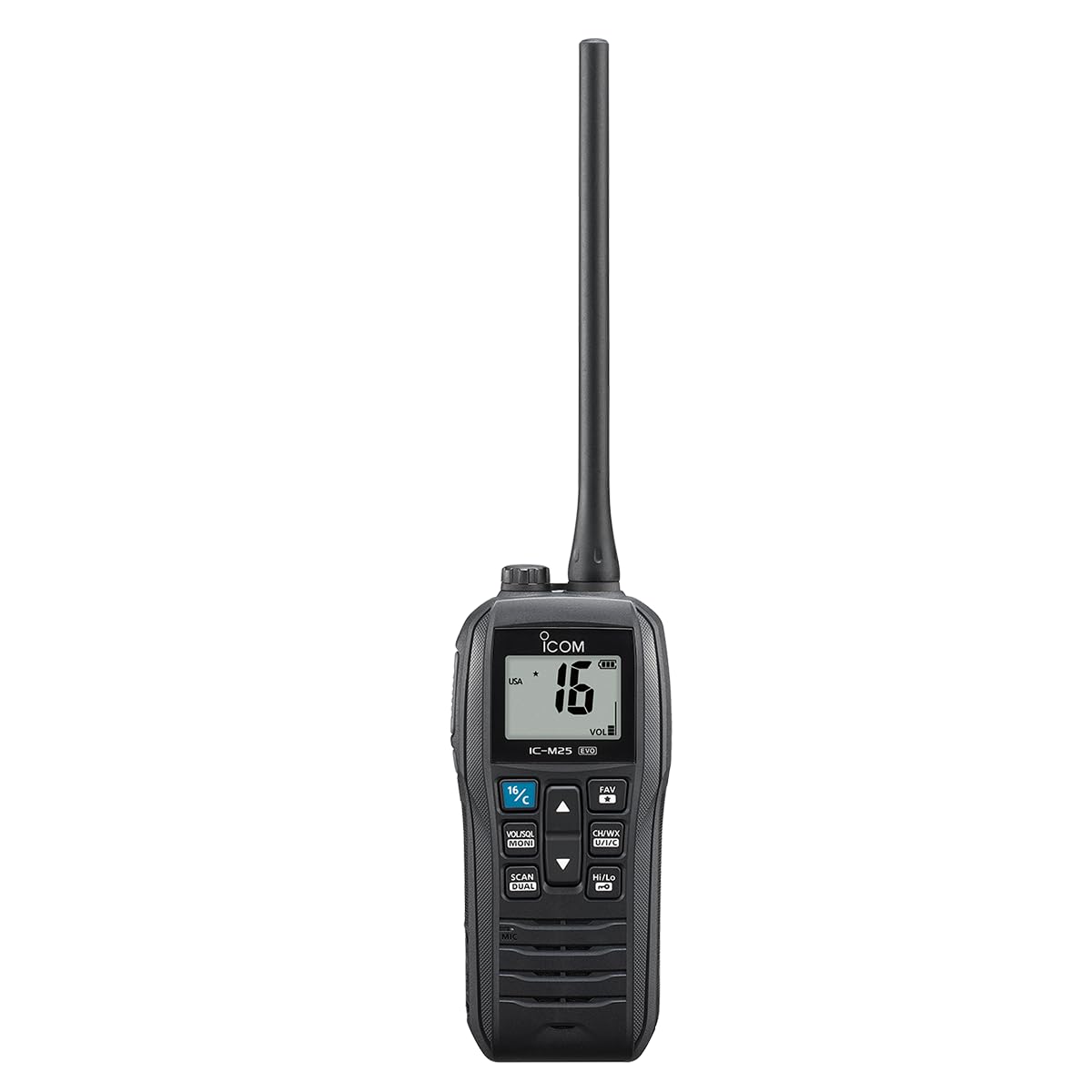 Icom M25EVO Black Marine Radio VHF | flotante | impermeable | carga USB | ligero | larga duración de batería | elementos esenciales para navegación