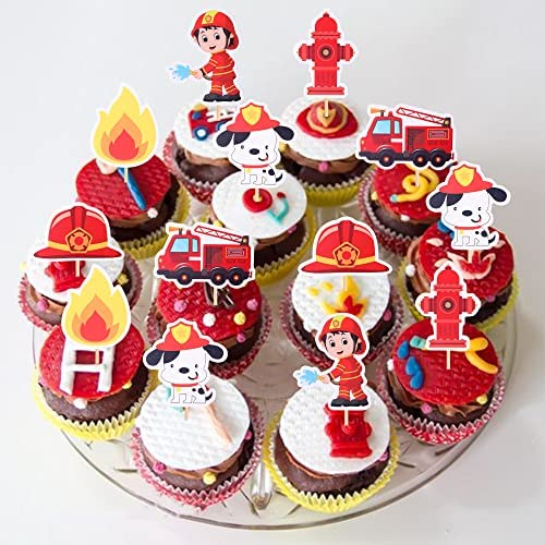 24 stuks Fire Truck cupcake toppers brandweerman verjaardag taartdecoratie brandweer motor redding thema baby shower verjaardag party cake decoraties accessoires