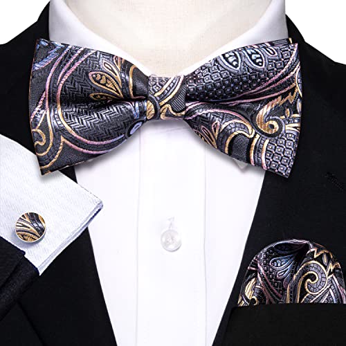 Image of Barry.Wang Paisley Striped Bow Tie for Men Silk Pre-Tied Bowtie Pocket Square Cufflinks Set Formal Wedding Party Prom