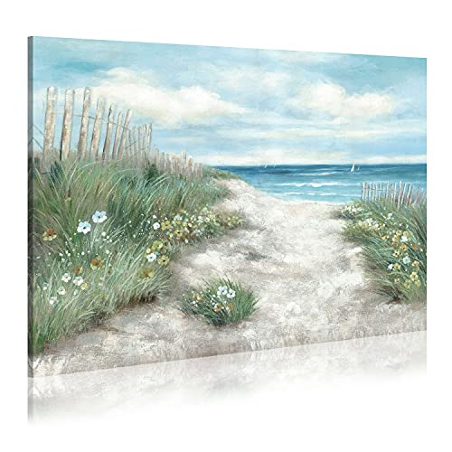 WALLSUP DECOR Abstract Beach Coastal Painting Canvas: Flower & Straw with Blue Sky Wall Art Seascape Artwork Picture for Living Room (36” x 24'' x 1 Panel)