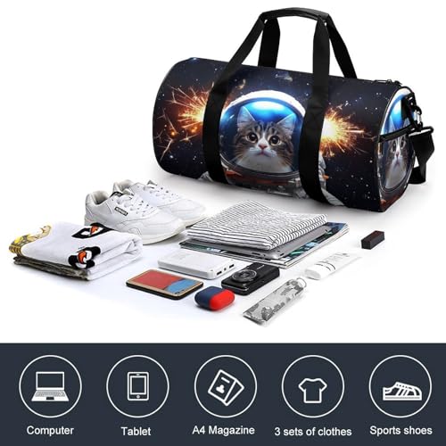 Cute Cat in Astronaut Suit Travel Gym Bag for Women Men Cylindrical Duffle Bag Sport Workout Bag with Shoulder Strap4