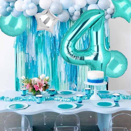 Image of Teal Blue Number 4 Balloons 40 Inch Mermaid Birthday Theme 5 Pcs | Big Helium Mylar Digital Balloon Wedding 4th Anniversary Party Decor Supplies