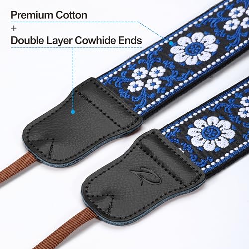 Image of Padwa Lifestyle Blue Flower Camera Strap - 2 inch Cowhide Leather Head Cotton Camera Straps for Photographers,Vintage Jacquard Embroidery Adjustable Neck & Shoulder Strap for ALL DSLR /SLR Cameras