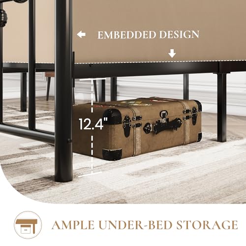 Image of SHA CERLIN 14 inch Queen Size Metal Platform Bed Frame /Victorian Headboard and Footboard /Steel Slats Mattress Foundation for Storage /No Box Spring Needed /Noise Free /Black