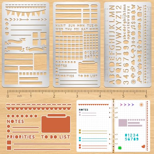 3PCS Planner Stencils Metal Journal Stencils for Wood Burning Crafts Reusable Alphabet Template for Journaling Planner Accessories Journal Supplies