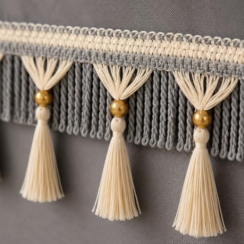Image of Premium Decorative Refrigerator Cover with Tassel Lace & 6 Side Pockets | Waterproof, Dustproof & Washable Polyester Fridge Top Protector | Kitchen Organizer Fridge | 130 x 54 cm | Grey