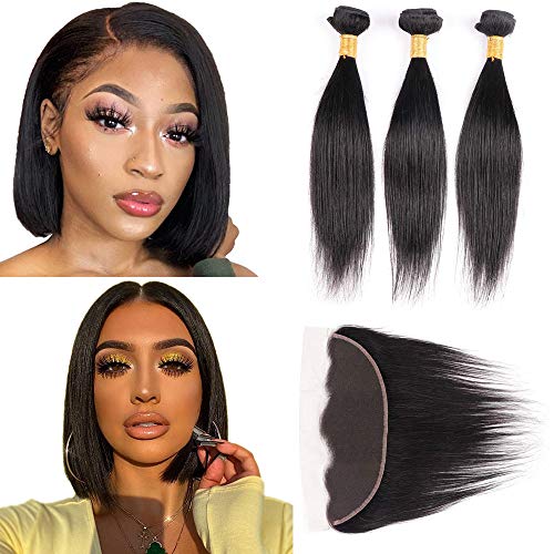 YMHPRIDE Straight Human Hair Bundles with Closure Short 3 Bundles Human Hair with 13X4 Lace Frontal Closure (8" 10" 12"+8") Unprocessed Brazilian Virgin Human Hair extension Natural Black