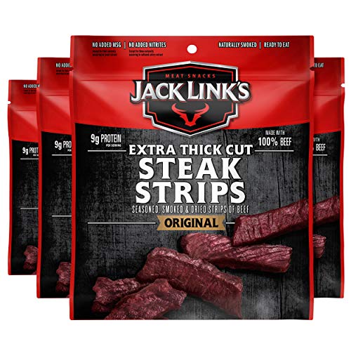 jack links tender bites - Jack Link's Extra Thick Cut Steak Strips, Beef Jerky, Original Flavor, Ready to Eat Snack Bags, 9g of Protein, 70 Calories, Made with Premium Beef, 96 Percent Fat Free, 2.6 Oz (Pack of 4)