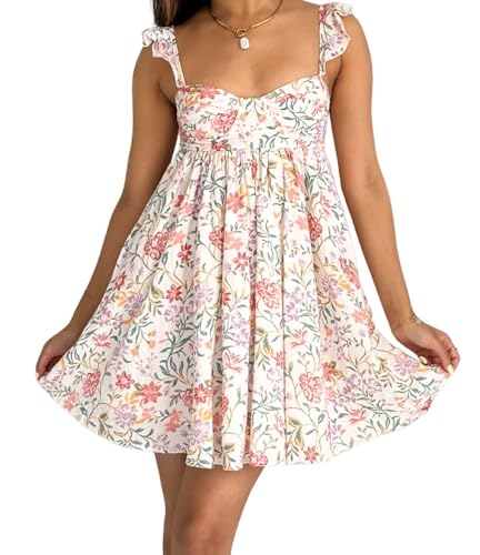 Image of Women Y2k Tie Shoulder Mini Dress Sleeveless Flowy Babydoll Dress Boho Floral Aline Short Sundress