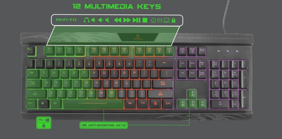 Image of Promate Vertux Promate Gaming Keyboard, Professional Ergonomic Wired USB Gaming Keyboard with Vibrant Rainbow Backlit, 26 Anti-Ghosting Keys, 12 Multimedia Shortcut Keys and 4 Backlit Modes, Amber