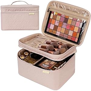 NISHEL Large Double Layer Travel Makeup Bag Women, Large Cosmetic Case, Organizer for Travel-Size Accessories Bottles, Brushes, Conditioner, and Skin Care Products, Pink