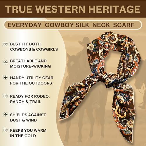 Wild Rag Silk Scarf 36'', Western Cowboy Bandana Square Silky Wild Rags,Brown Floral Paisley Tribal Scarves for Men & Women2