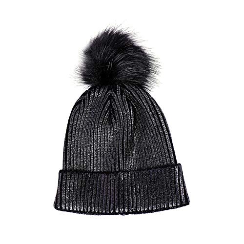 Women Skullies Beanie Hat, Winter Warm Glitter Sequin Knitting Bronzing Pom Pom Cap for Ladies Girls