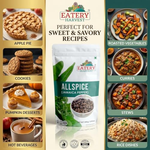 Image of EATERY HARVEST by Saipro Whole Allspice 100 gm, Allspice has flavor of all spices like Clove, Cinnamon, Nutmeg, Mace, Black pepper, best for Caribbean cuisine| Shital Chini| Kabab Chini | Piper Cubeba Linn Cubeb Berries Jamaica Pepper For Seasoning Vegetables, Fruits