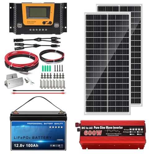 200 Watt Solar Starter Kit, 200W Mono Solar Panels+12V 100Ah LiFePO4 Battery+600W Pure Sine Wave...