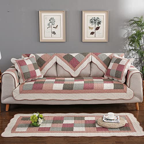 Vctops Boho Floral Patchwork Sofa Cover, Cotton Quilted Sectional Couch Covers, Non-Slip Soft Sofa Slipcover For Dogs Cats Pet Love Seat Recliner Leather L Shaped, Armrest Backrest Cover(Pink,43"X82") #TOP29