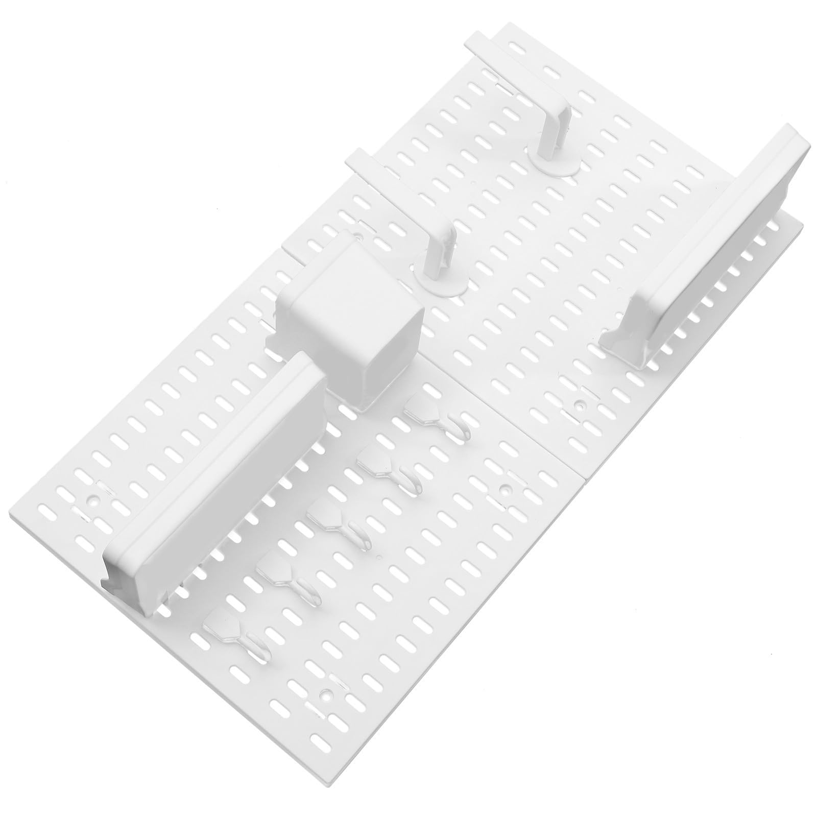 organizador de pared para cocina y baño, tablero perforado de plástico blanco, 1 juego con ganchos y estantes, instalación sin perforaciones, soporte de carga fuerte
