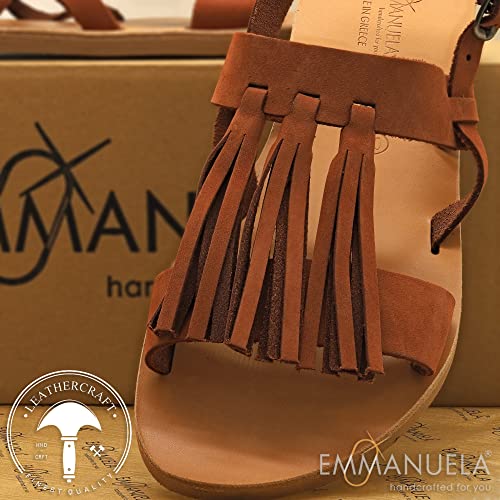 Emmanuela Ancient Greco Sandali in pelle a mano a mano con Meandro, Scarpi estivi di qualita per la donna, Apri dita dei piedi Sandali a fianco, Sandali boho chic, beige, 38 EU