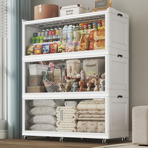 Image of 150 Gallon Extra Large Collapsible Storage Bin with Lid, 960QT Stackable Plastic Organizer with 6x Wheels, Foldable Drawer Cabinet for Closet, Living Room Office, Kitchen 3Pack, White