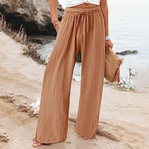 Linen Pants for Women Summer High Waisted Wide Leg Pants Casual Elastic Waist Palazzo Pants Beach Pants with Pockets3