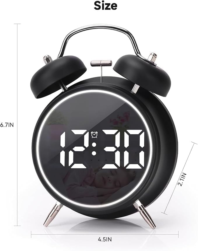 Image of Niloni Digital LED Table Alarm Mirror Twin Bell Clock with Night Light, USB Rechargeable /Battery Operated Loud Bell Metal Alarm Clock, Black