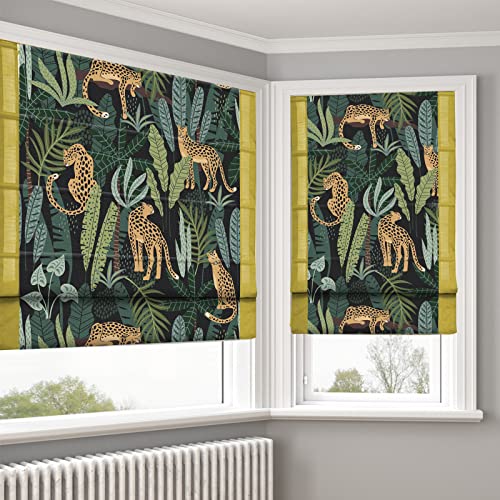 LANTIME Cordless Roman Shades Window Blinds, Lined Blackout Print Fabric with Solid Border Window Roman Shades, Leopard