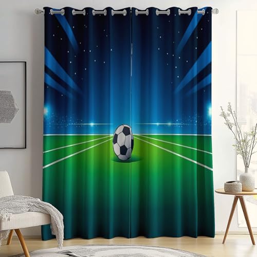 Cortinas Opacas de Estilo De Dibujos Animados con Aislamiento térmico, con Estampado de Campo De Fútbol Azul Y Verde y Anillas para Sala de Estar y Dormitorio, 117 x 229 cm (2 Paneles)