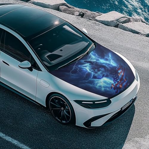 Image of Car Hood Cover for Compact Sedans SUV Trucks, 59x39 Inches Stretchable Auto Hood Wraps Vehicles Banner Automotive Exterior Accessories (Lightning Wolf USA Flag Design)