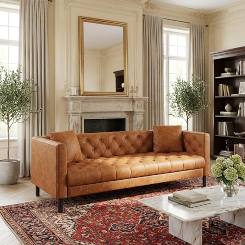 MilleLoom Mid Century Modern Leather Sofa 81 Inch, Chesterfield Style 3 Seat Couch with Deep 26" Seats, Button Tufted Upholstery, Includes 2 Pillows for Living Room, Apartment or Office, Orange