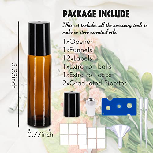 HTHOOOOOME 10ML Roller Bottles for Essential Oils, 12Pack Essential Oil Roller Bottles, Amber Glass Roll-On Bottles with Stainless Steel Roller Balls, 1 Opener, 2 Droppers, 1 Funnel - Thumbnail 2