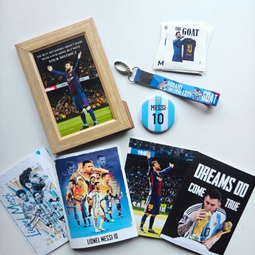 Image of TenorArts Lionel Messi Gift Box Merchandise for Fans - 5x7 Inches Laminated Photo Frame,1 Messi Keychain, 1 Badge, 4 4x6 inches Sized Posters, Multi sized Stickers - 5 items in 1 Box | Perfect for Gifting Football Fans