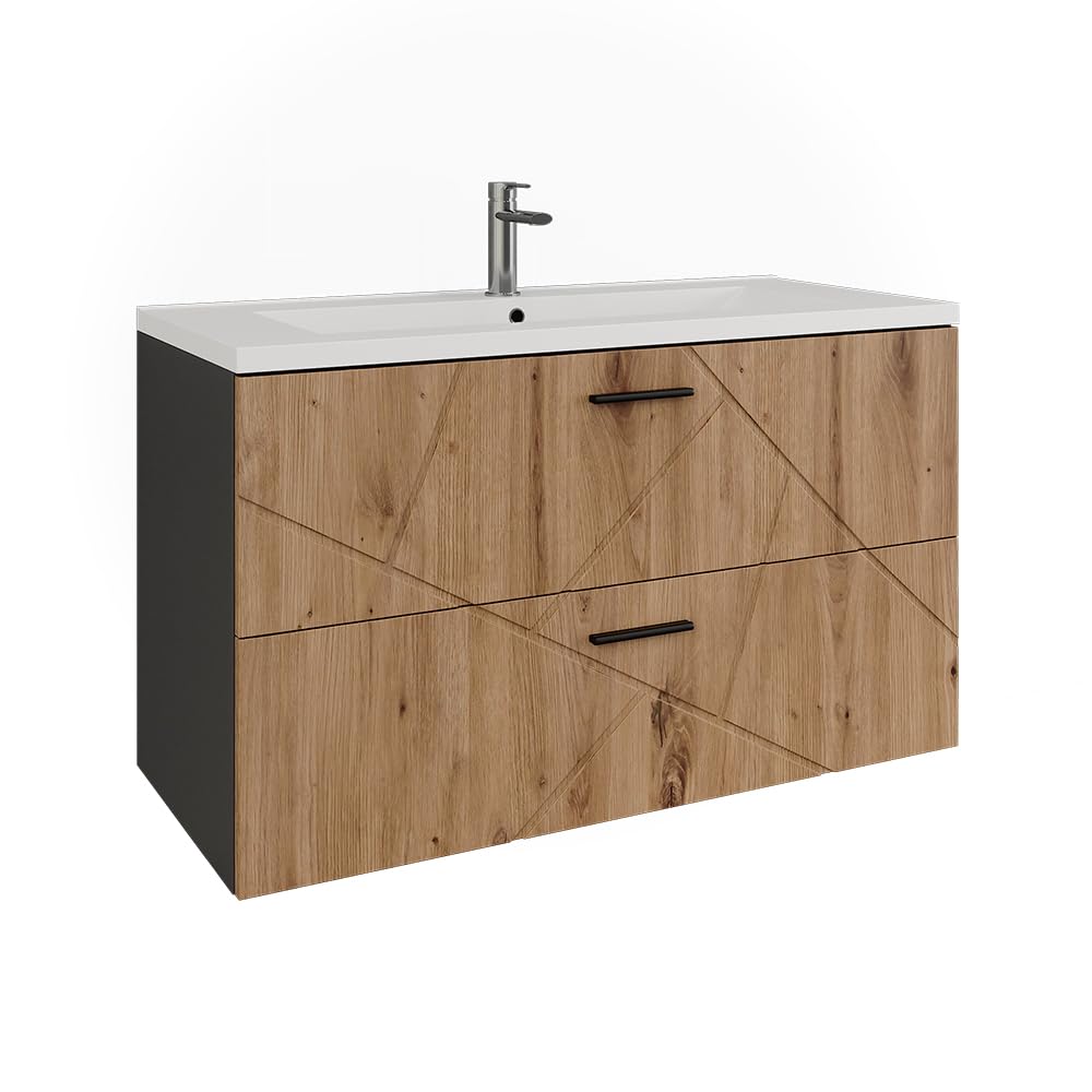 Vicco Conjunto de Muebles de baño Irma, Antracita/Roble Dorado, 100 cm | compuesto por mueble bajo de baño y lavabo