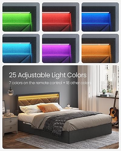 Image of VASAGLE LED Bed Frame Queen Size, Queen Bed with Headboard and 4 Drawers, 1 USB Port and 1 Type C Port, Adjustable Upholstered Headboard 36.7 /39.3 Inches, No Box Spring Needed, Dark Gray URMB821G71