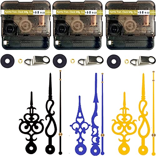 Image of YOPY Combo of 3 Ajanta Mfg. Battery Operated Plastic Ticking Clock Movement Machine with Hands (Black+Blue+Gold)(Desing 2)