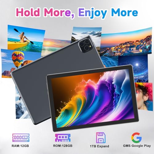 Image of Tablet Android 16 10 Inch 12GB RAM+64GB ROM / 1TB Expandable, 1280 * 800 HD Touch Screen, 5G WiFi6 BT 5.0, 2 in 1 Tab with Keyboard Case Mouse Stylus (Black)