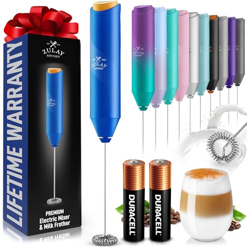 Zulay Kitchen Powerful Milk Frother AA Batteries Included – Ultra Fast Handheld Drink Mixer with Stainless Steel Whisk Stirrer for Coffee, Protein, Matcha & More, Frother Wand Electric Frothmate Blue