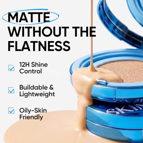 Image of SKINTIFIC Velvet Matte Cushion Foundation Blue #00 Porcelain | Full coverage matte finish, one-swipe flawless, oil control, long-lasting pore-blurring pressed powder for oily skin.