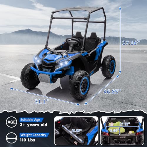 Acekool 2 Seater Ride on Car for Kids, 24V 7AH Electric Off-Road UTV Truck w/Forward & Reverse Functions, 4x200W Powerful Engine, Remote Control, Soft Start, 4 Wheeler, Lights and Music (Blue) - Thumbnail 6