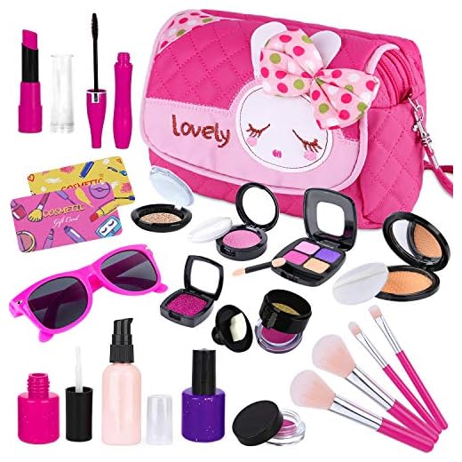 GINMIC Kids Makeup Kit - Pretend Play Makeup Set Toys with Pink Princess Purse & Sunglasses for Girls 3-10 Year Old - Including Brushes, Eye Shadows, Lipstick, Liquid Foundation, Nail Polish and More