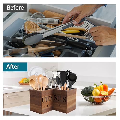Image of Suli Extra Large Kitchen Utensils Holder with 3 Compartments,Corner Utensil Caddy for Countertop,Acacia Wood Utensil Organizer for Kitchen Countertop, Farmhouse Decor-Acacia Brown