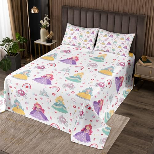jejeloiu Girls Princess Bedspread Rainbow Floral Bedspread for Kids Boys Girls Castle Flowers Coverlet Set Floral Quilted with 1 Pillowcase 2Pcs Bedding Twin
