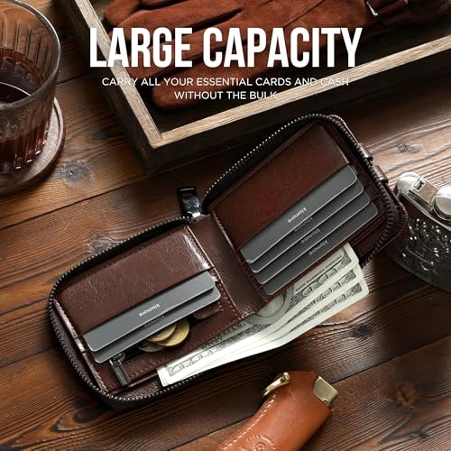 Zipper Wallet for Men Genuine Leather with Zip Coin Pocket RFID Blocking Large Capacity Bifold Purse Front Pouch Card Holder Case for Cash ID Travel, Carteras Billeteras para de Hombres Cuero4