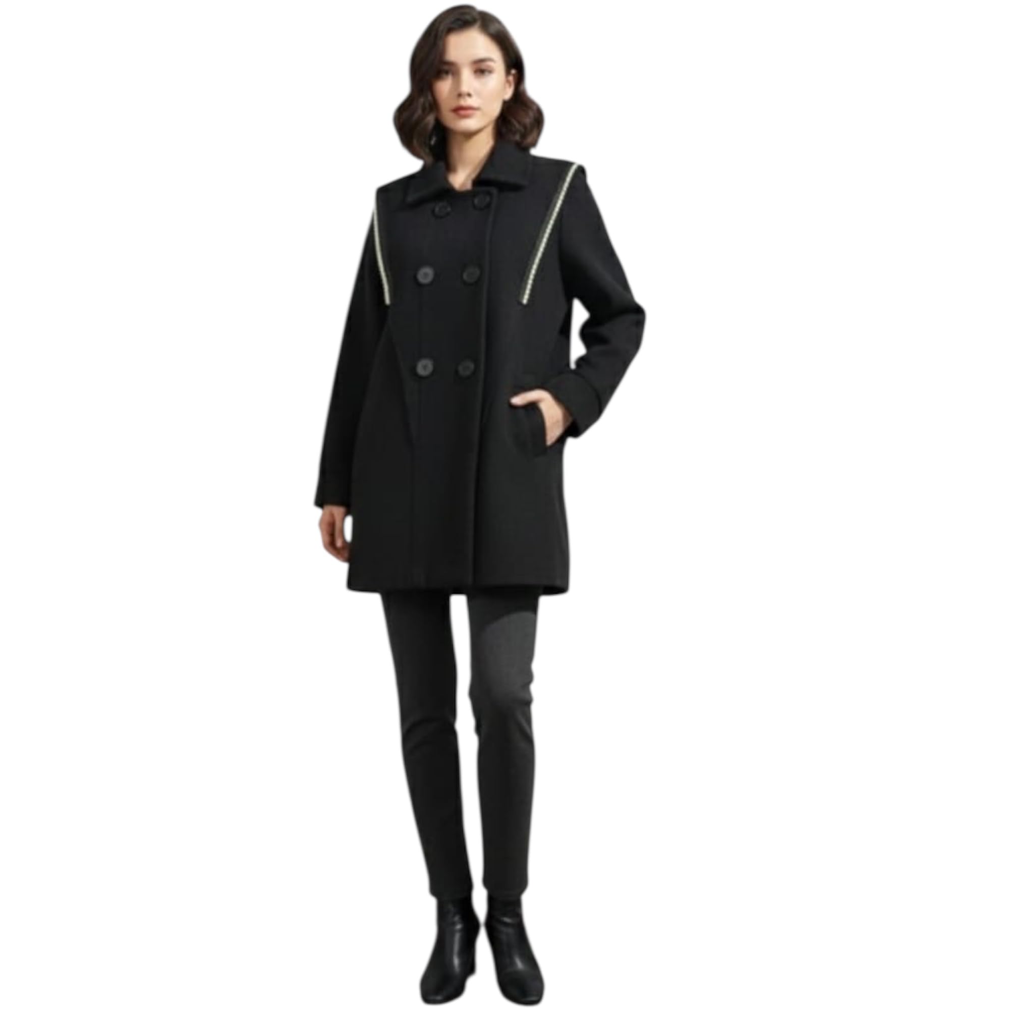 Women's Double Breasted Gold Trim Black Wool Coat Shoulder 15" Bust 40" Length 30" L-picture-35