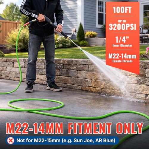 Image of YAMATIC Flexible Pressure Washer Hose 100 FT 1 /4 inch, M22-14mm Females | With 3 /8 inch Quick-Connect Adapters, 3200 PSI Kink-Resistant, Replacement /Extension Hose For Power Washing, Green