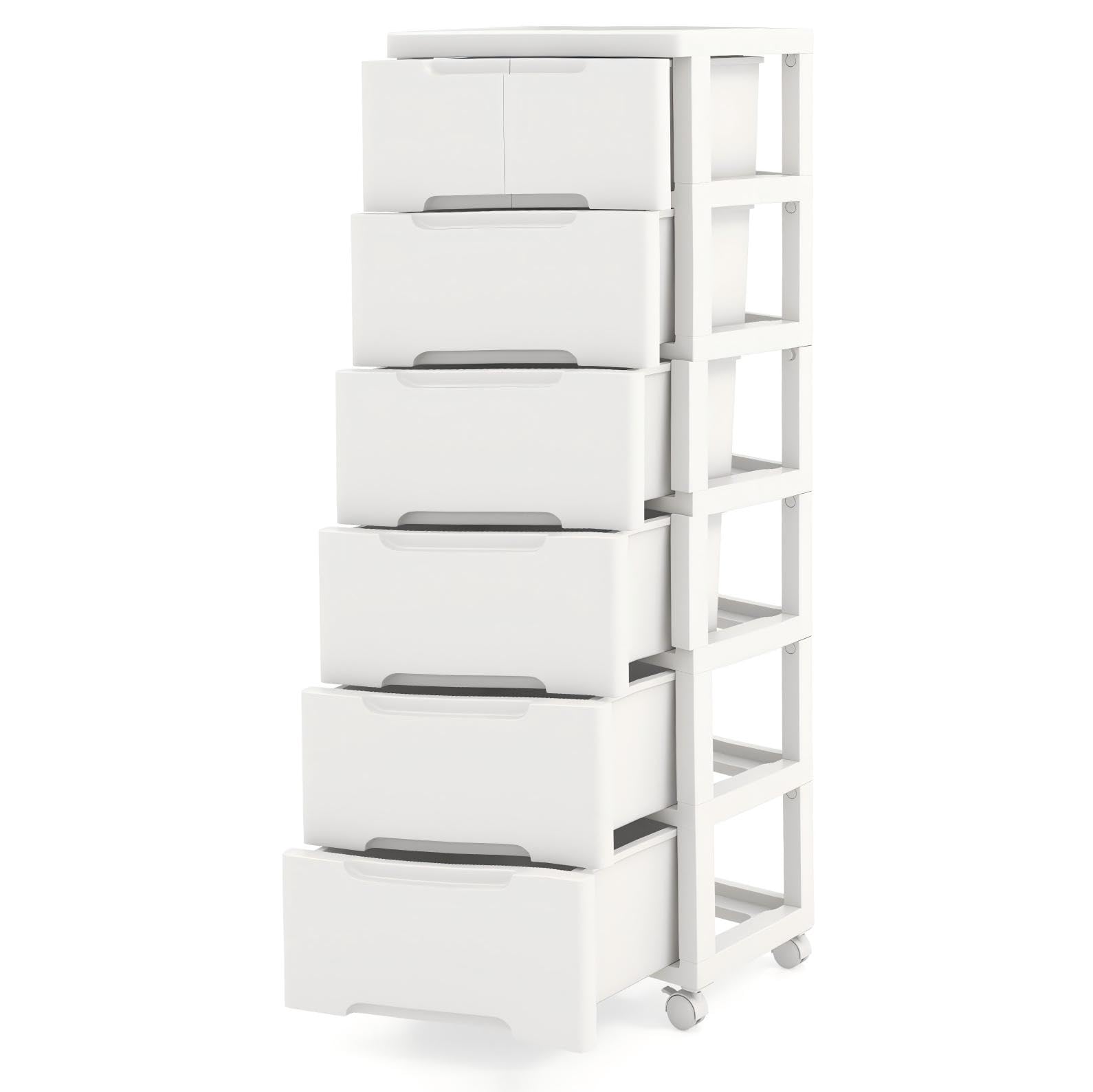 KOMFOTTEU Cassettiera con 4 Ruote a 4/5/6 Cassetti, Carrello Portaoggetti in Plastica, Carrellino Salvaspazio per Bagno, Cucina, Soggiorno, Camera da Letto, Bianco (6 Cassetti)