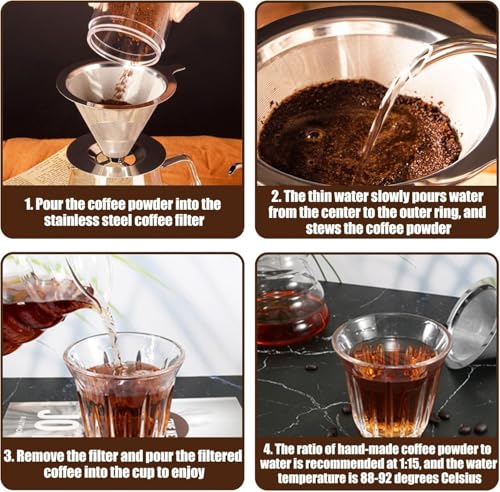 Reusable Pour Over Coffee Dripper Stainless Steel Coffee Filter Paperless Drip Cone Cup Coffee Filters Slow Drip with Holder Kitchen Tools for Manual Coffee Maker, 1-3 Cups - Image 7