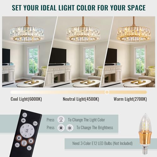 Image of Siljoy Modern Gold Caged Crystal Ceiling Fans with Lights and Remote, 20'' | Crystal Chandelier with Fan, 6 Fan Speeds, Reversible Blade, Quiet Performance, 6-Light Fandelier Bedroom Living Room Nursery