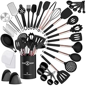 Umite Chef Silicone Kitchen Cooking Utensil Set, 43 pcs Spatula Set with Rose Gold Stainless Steel Handle, Non-stick Heat Resistant – Best Cookware Set-(Black)