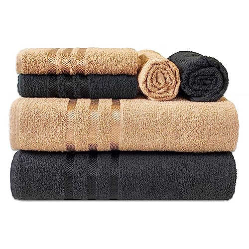 Jogo De Toalhas 6 Peças Felpudas Grande Europa - 100% Algodão (Castanho + Preto)